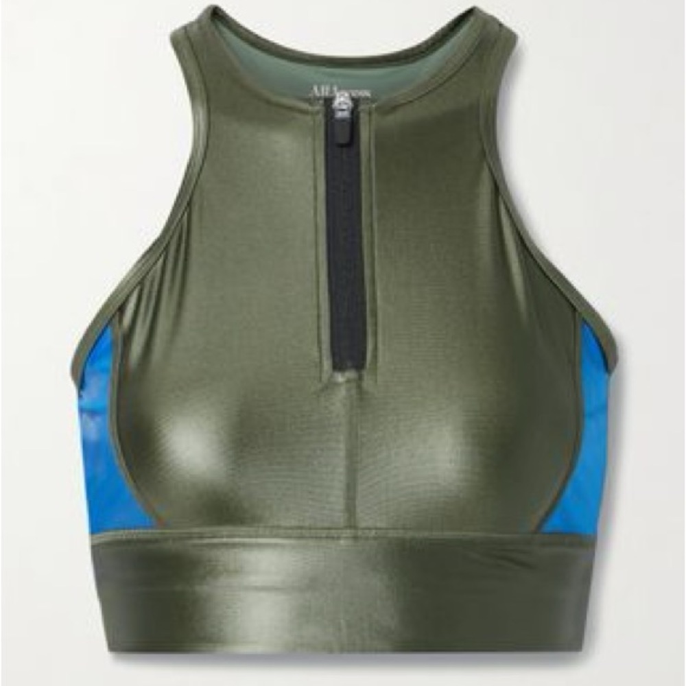 NWT All Access x Bandier Zip Front Racerback Sports Bra Olive & Blue Shine XS